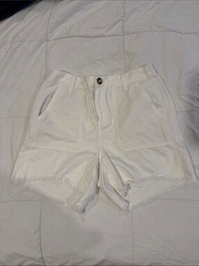 aerie White High-Rise Frayed Hem Cotton/linen Shorts